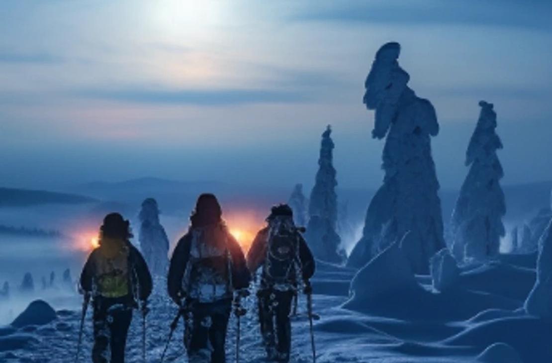Kolme lumikenkäilijää talvisessa metsässä kuun valaistessa kulkua.