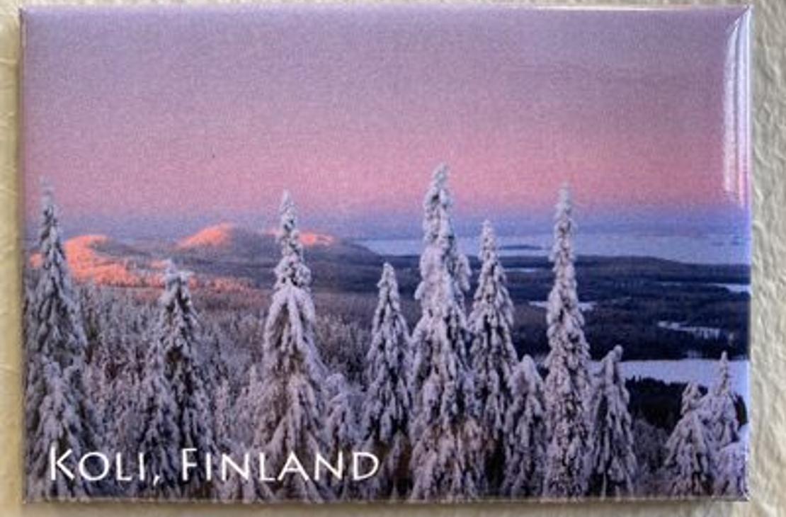 Snow-laden winter landscape in a short, pink mid-winter moment in Koli