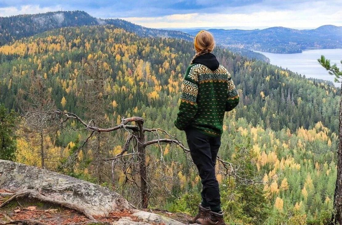 Vihre&auml;&auml;n villapaitaan pukeutunut retkeilij&auml; katsoo vaarojen yli kohti Ukko-Kolia