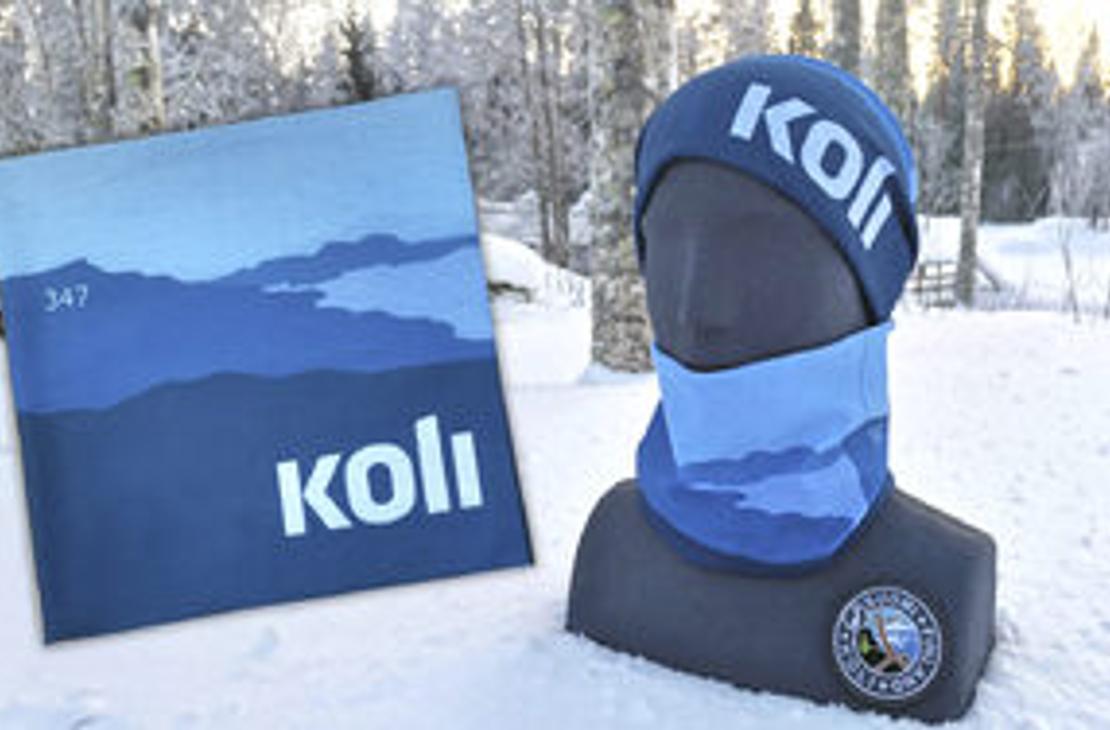 SInisävyinen Koli-putkihuivi, jossa Kolin logo ja maisema