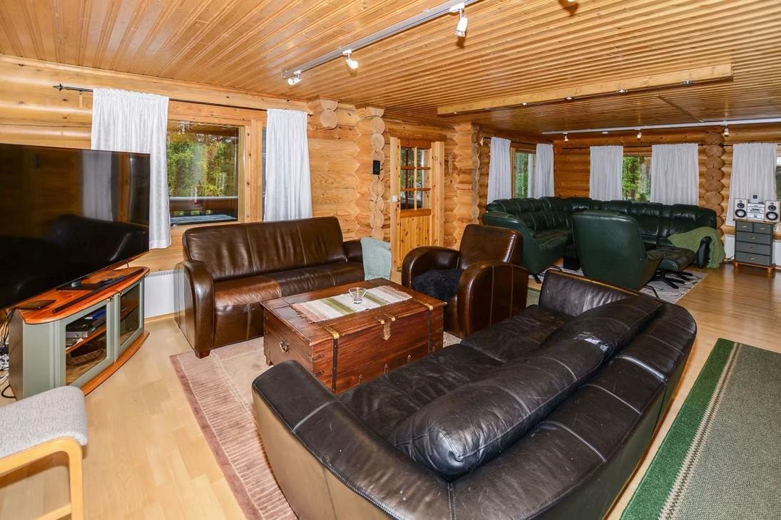 Olohuone, jossa muhkeat tummat nahkasohvat