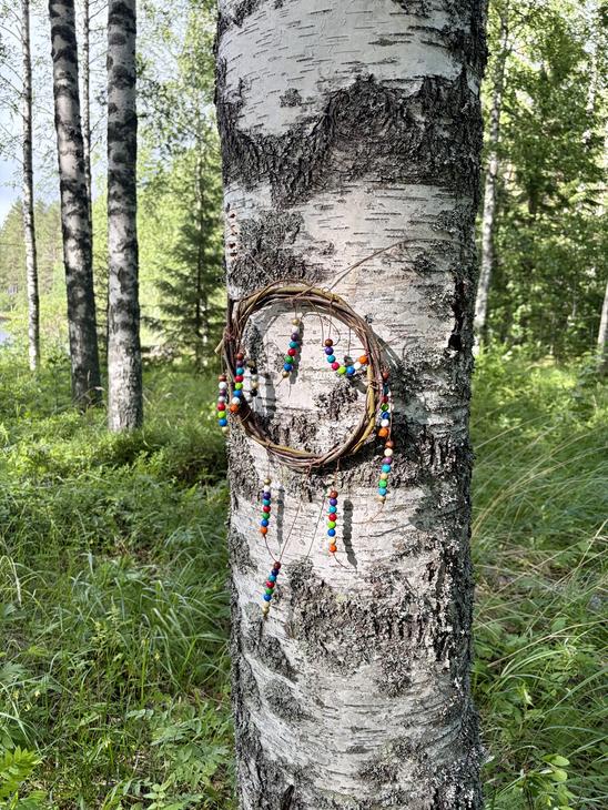 Tietäjän kehä koivikossa eli oksista tehty kehä, jossa helmiä.