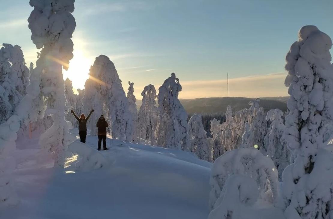 Kaksi lumikenkäilijää tykkylumisten kuusten keskellä auringon paisteessa.