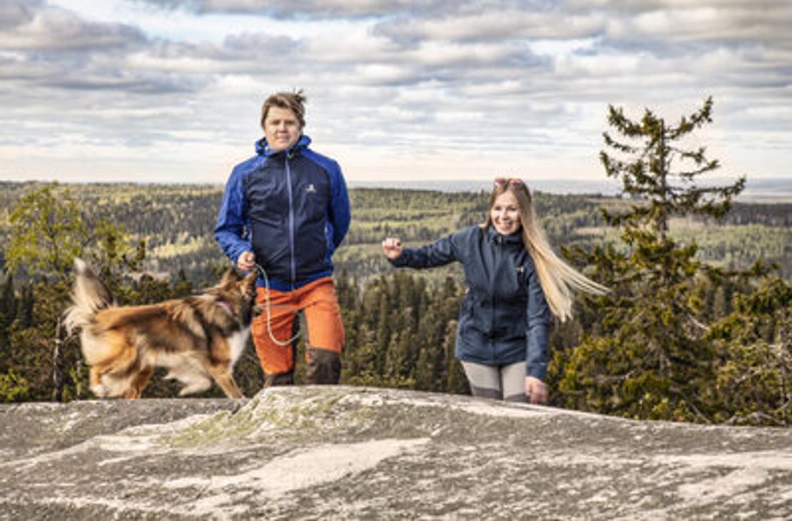 Kaksi retkelij&auml;&auml; ja koira nousemassa kalliolle Kolin huipulla