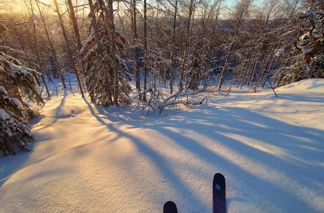 Suksien kärjet loivan puuterilumisen läen päällä valmiina laskemaan alas,