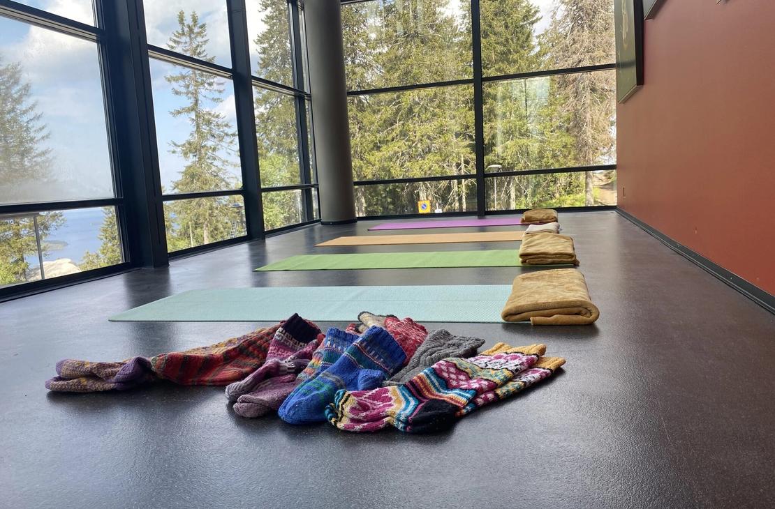 Villasukkarentoutus Luontokeskus Ukon isojen ikkunoiden äärellä