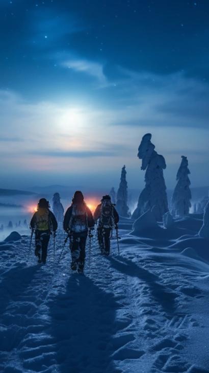 Kolme lumikenk&auml;ilij&auml;&auml; talvisessa mets&auml;ss&auml; kuun valaistessa kulkua. 