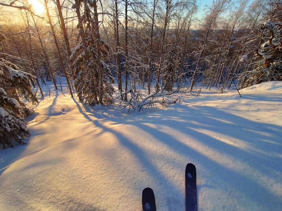 Suksien k&auml;rjet loivan puuterilumisen l&auml;en p&auml;&auml;ll&auml; valmiina laskemaan alas, 